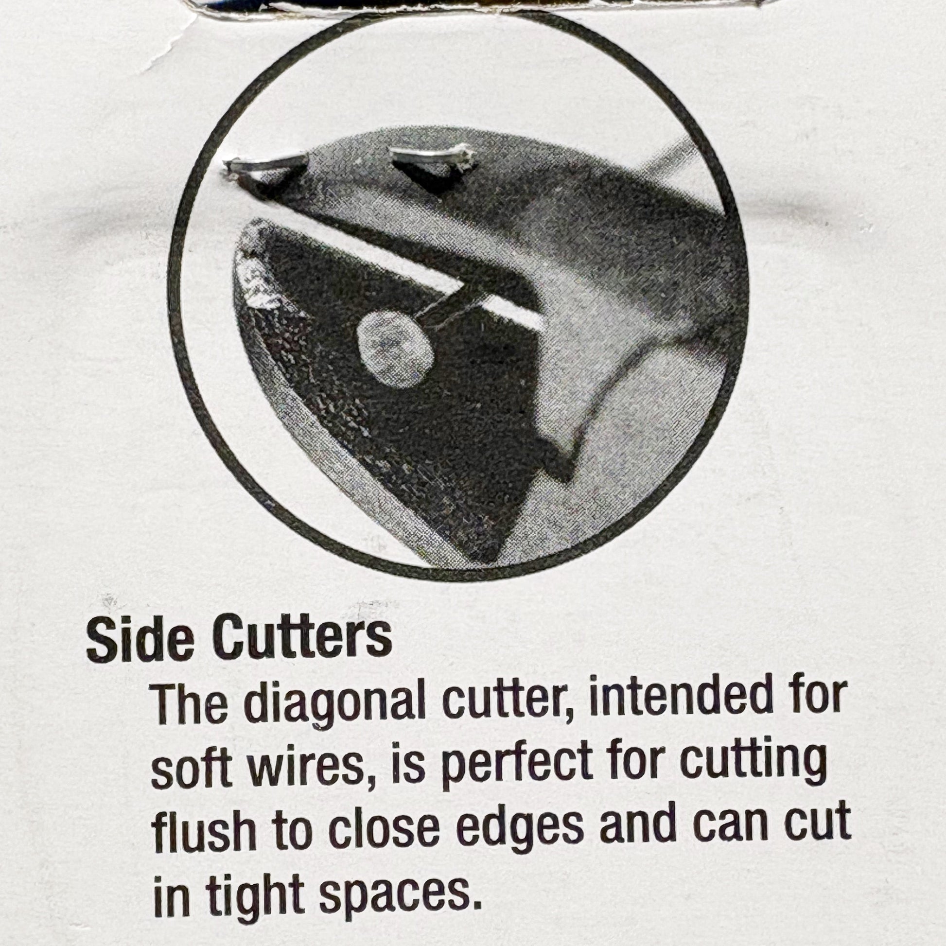 Diagram of a diagonal cutter with text explaining its use on a white background