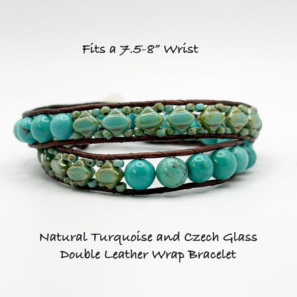 Turquoise beaded bracelet with brown leather wrap on a white background