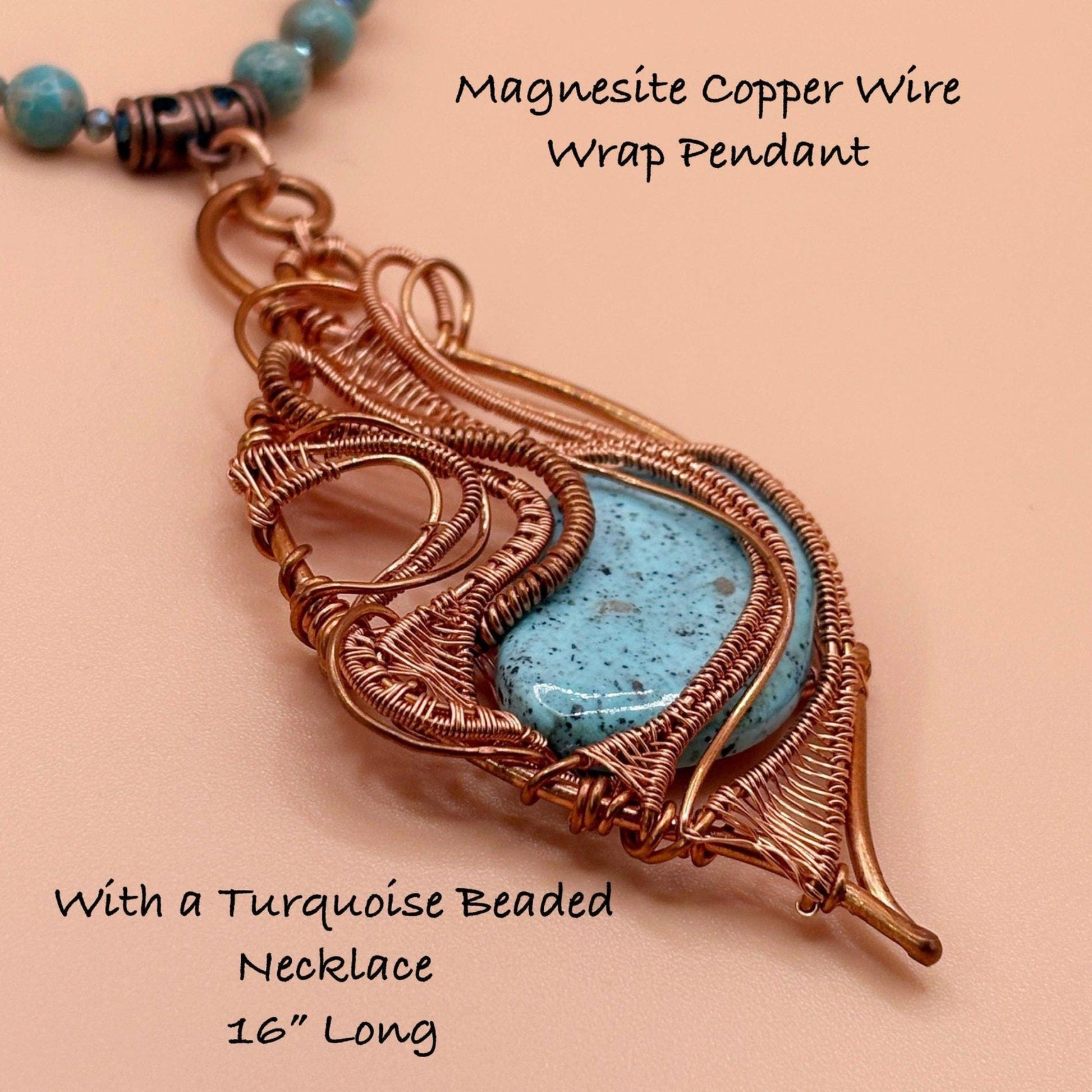 Magnesite Copper Wire Wrap Pendant with turquoise stone on a beige background