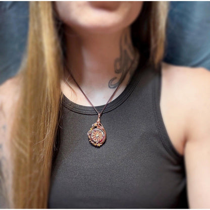 Model wearing tigers eye necklace wire wrap pendant