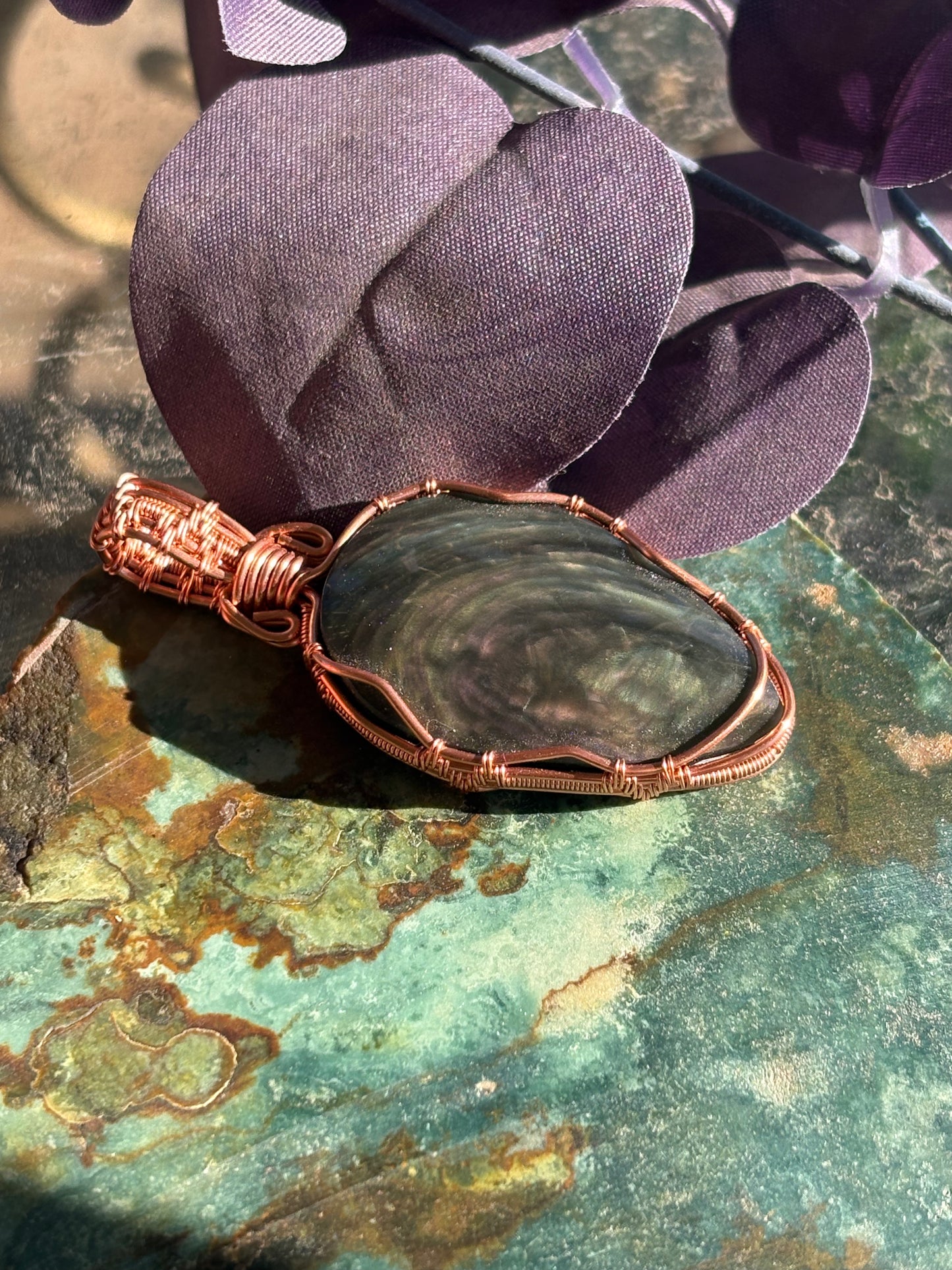 Satin Obsidian Wire Wrap In Copper