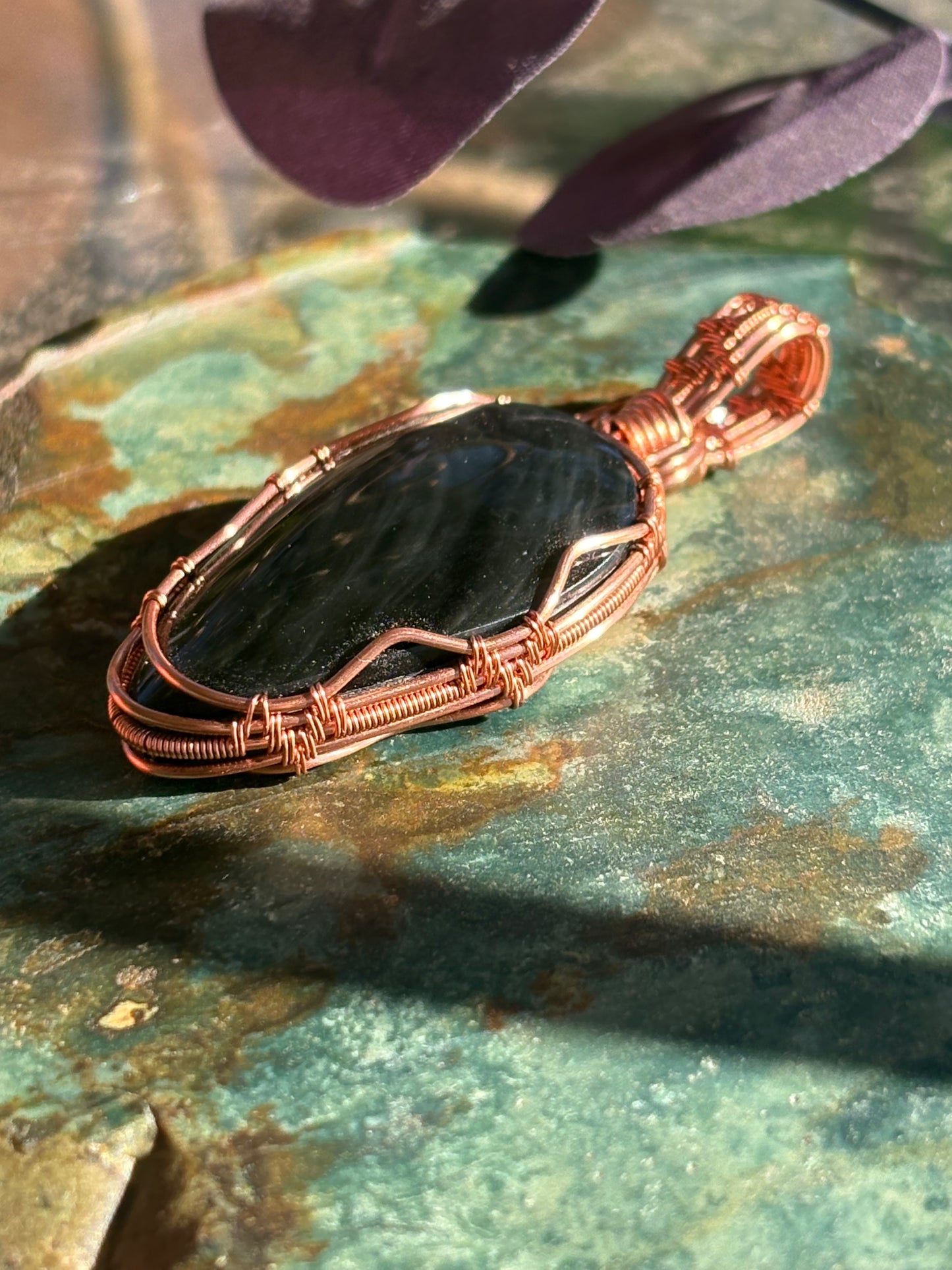 Satin Obsidian Wire Wrap In Copper