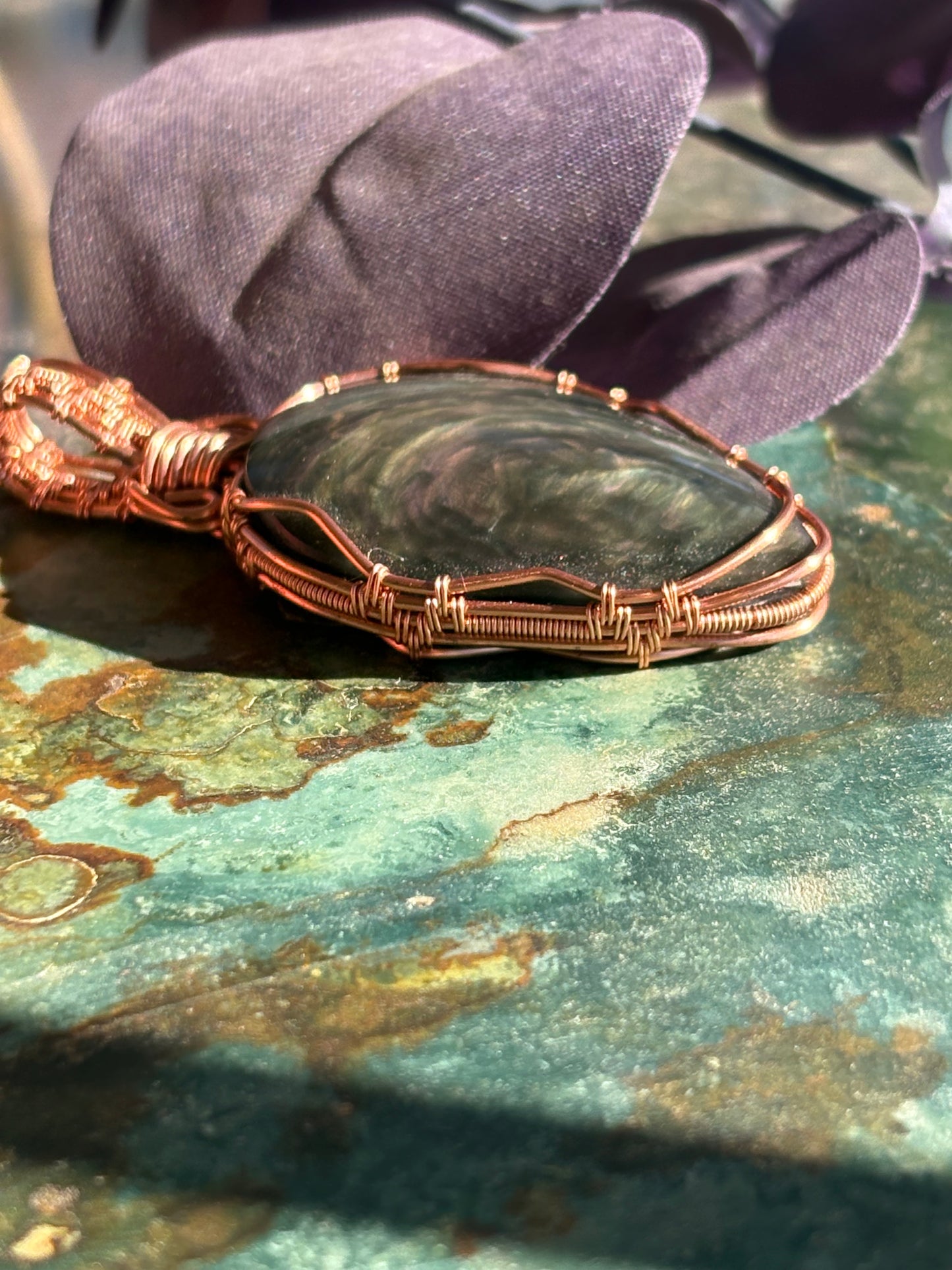 Satin Obsidian Wire Wrap In Copper