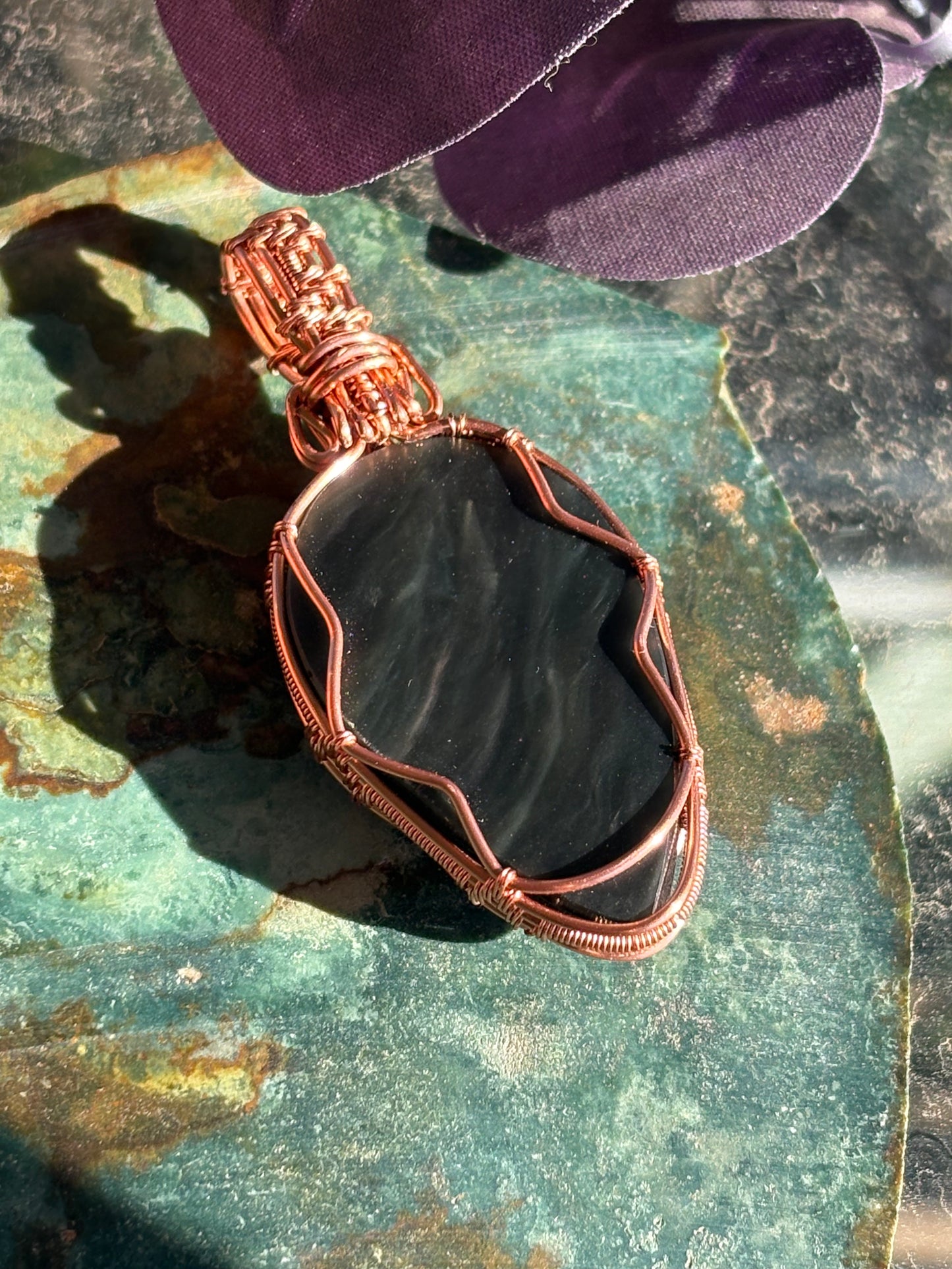 Satin Obsidian Wire Wrap In Copper