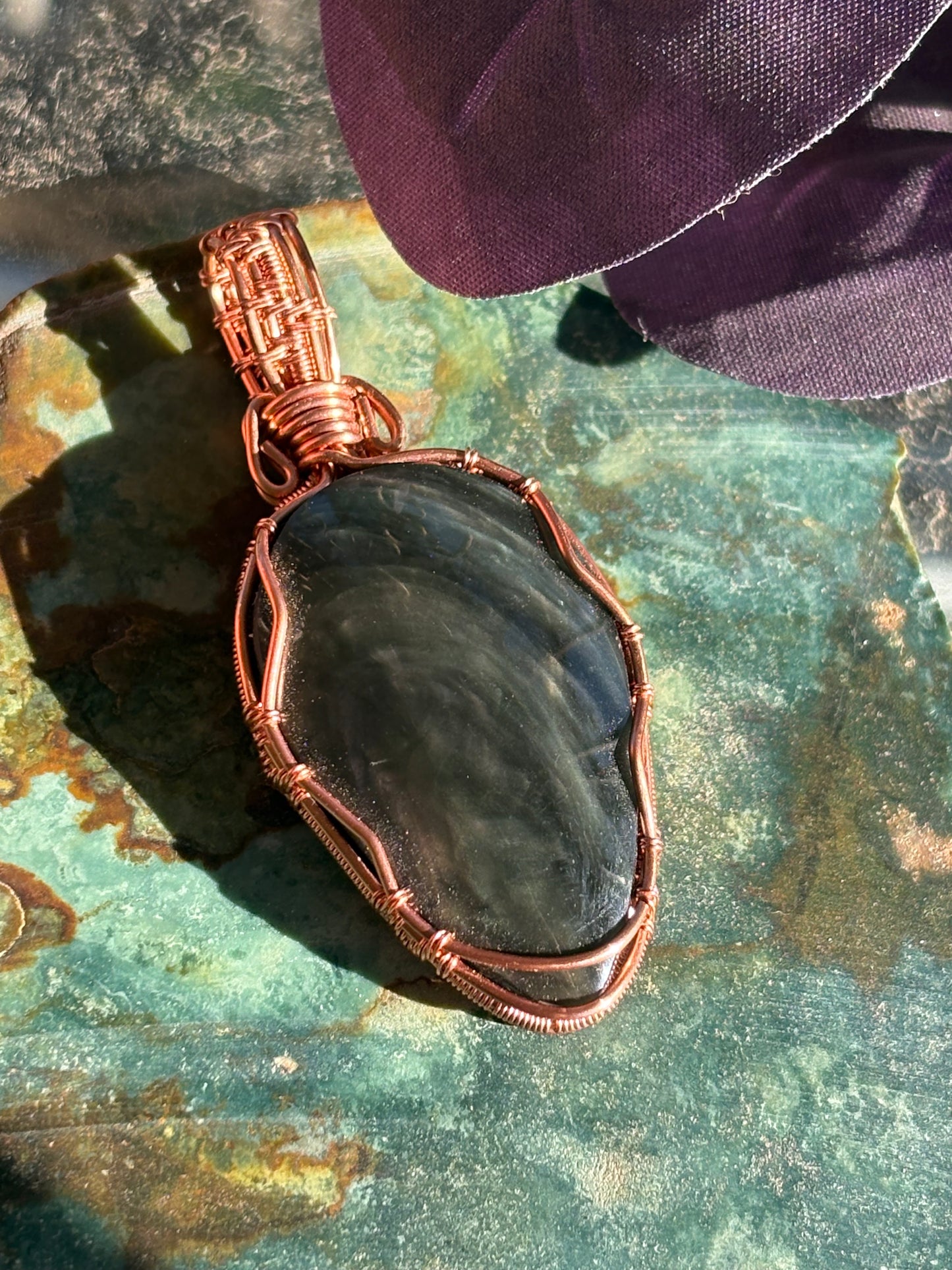 Satin Obsidian Wire Wrap In Copper