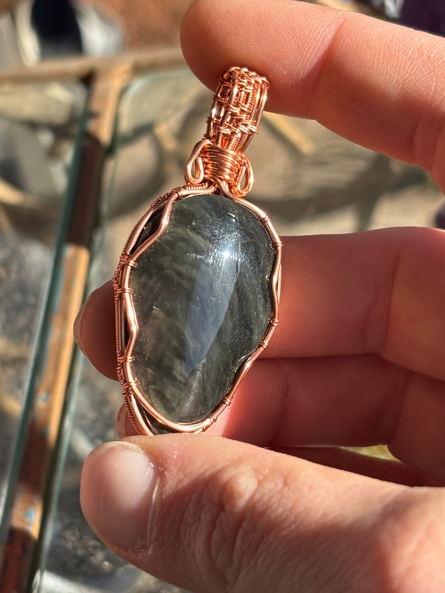 Satin Obsidian Wire Wrap In Copper