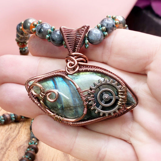 Woven pendant with shiny stone using copper wire-p