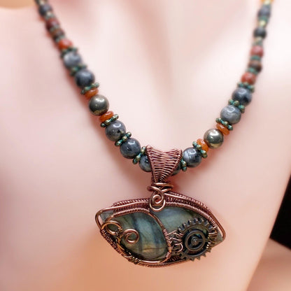 Beaded necklace with intricate copper wire wrap pendant as the focal