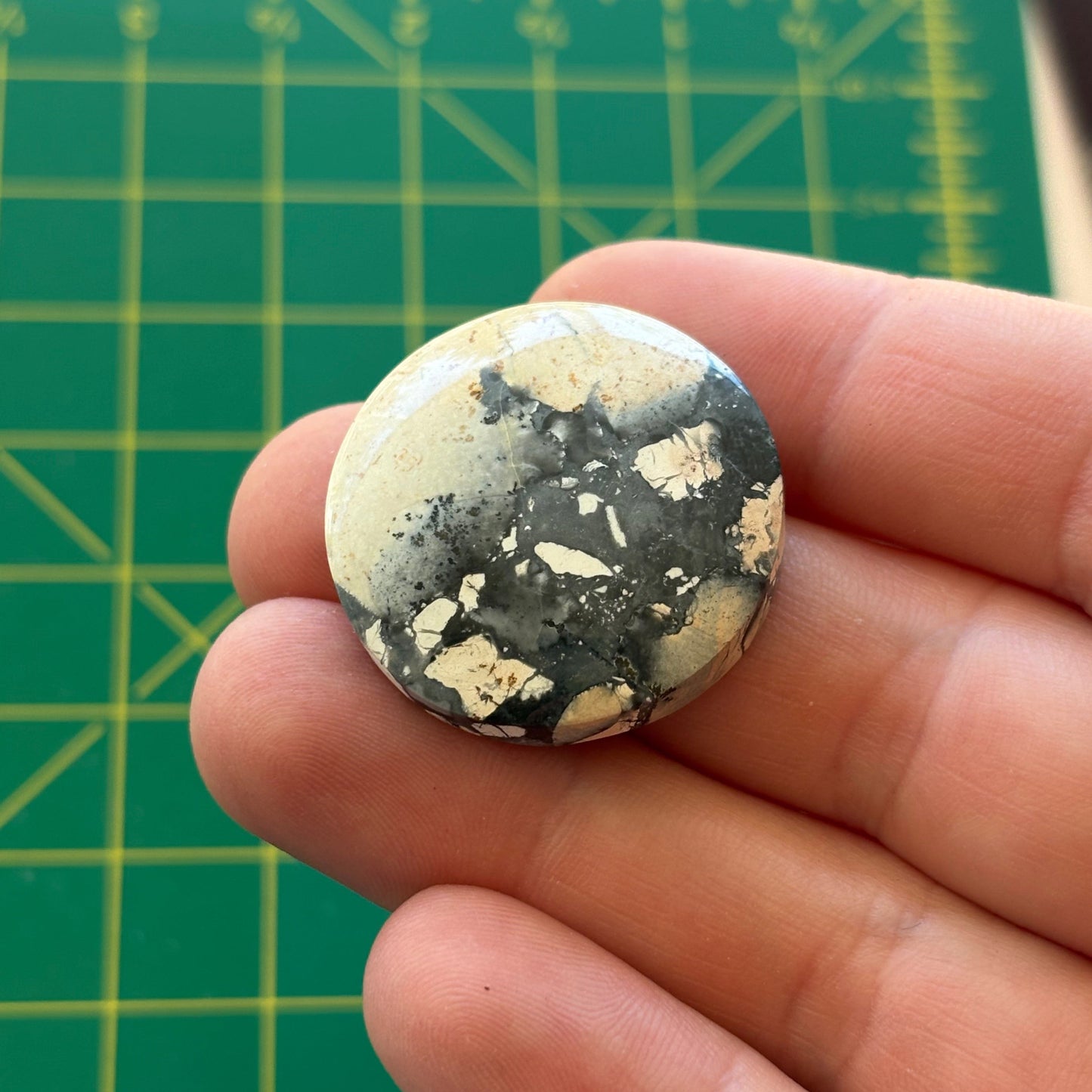 Hand holding a speckled stone against a green grid background