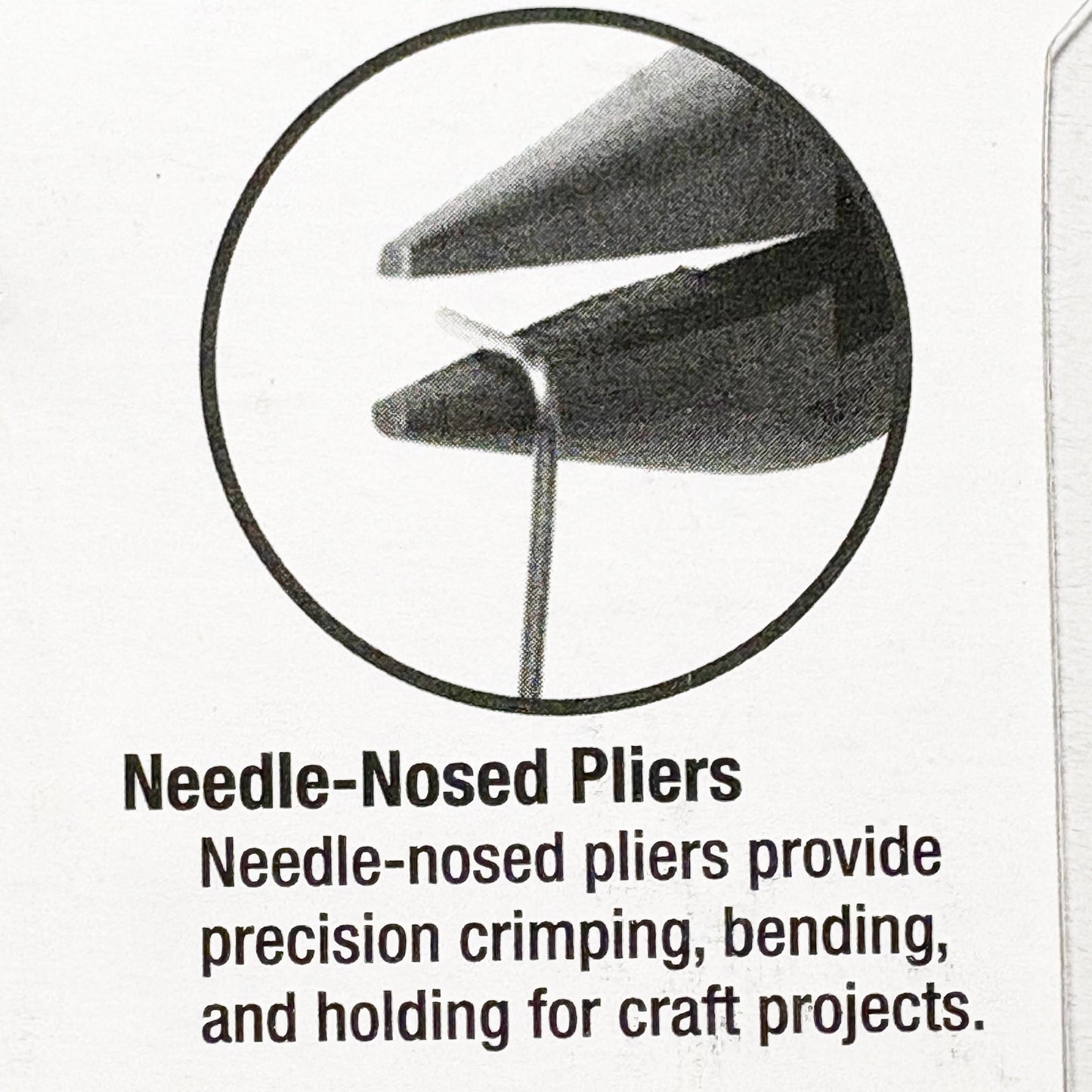 Advertisement for needle-nosed pliers with close-up of tool and text description.