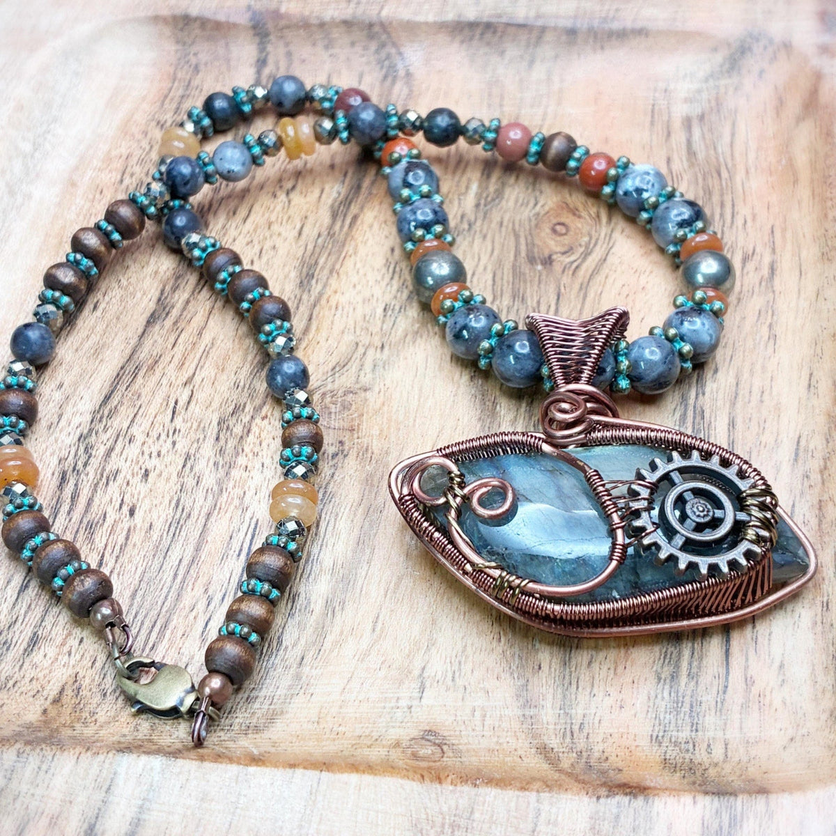 Labradorite jewelry wire wrap pendant on a multi stone necklace 