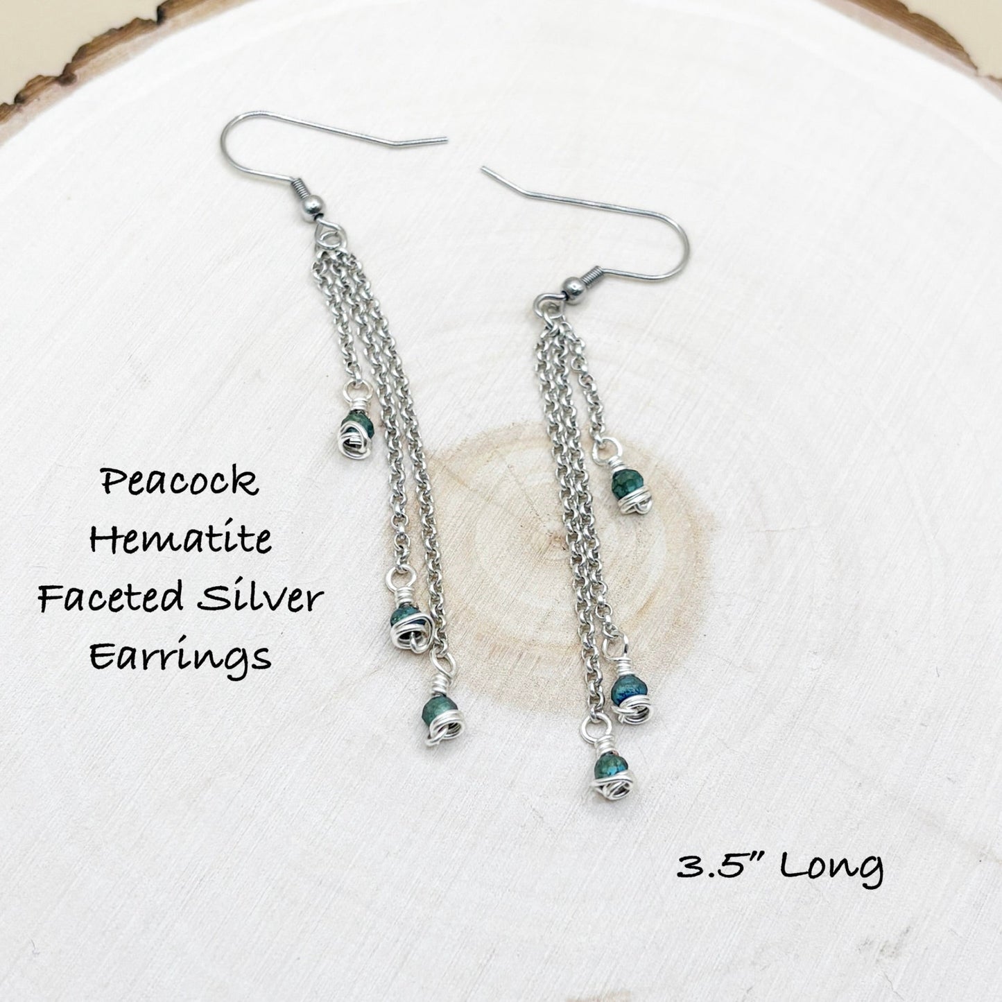 Peacock Hematite Faceted Silver Earrings on a white background with text indicating length.