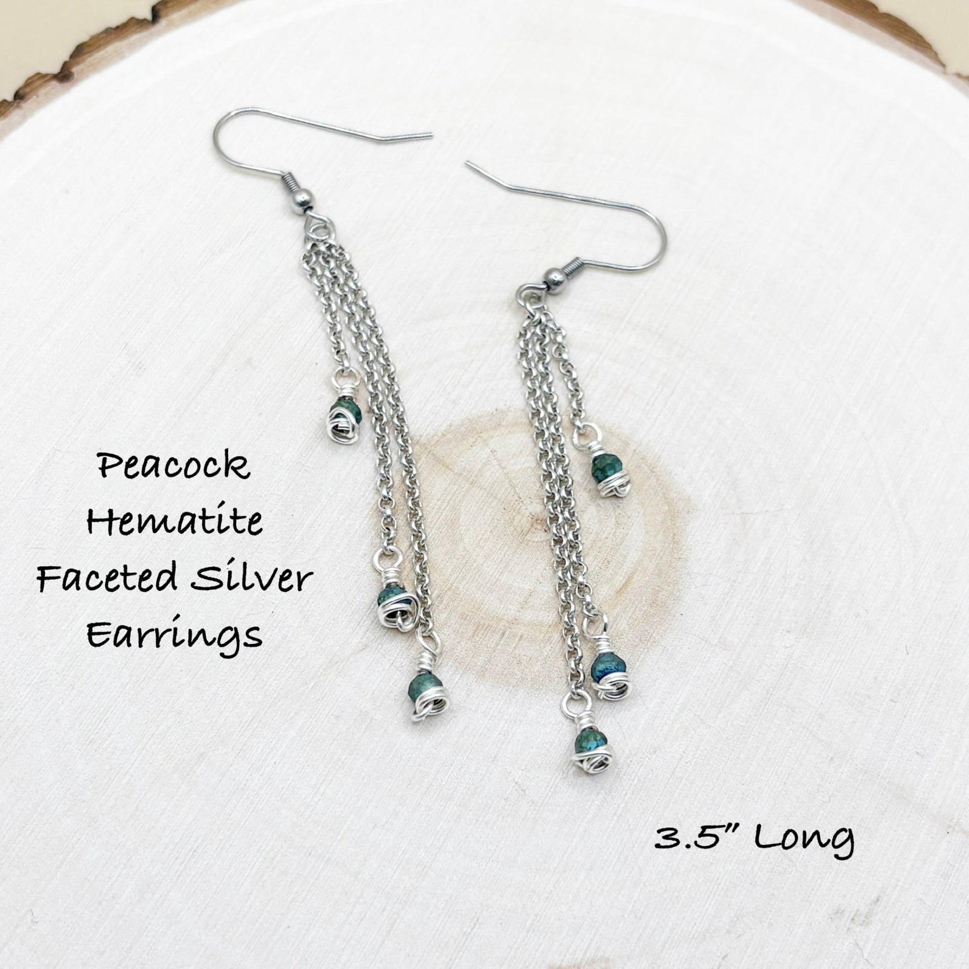 Peacock Hematite Faceted Silver Earrings on a white background with text indicating length.