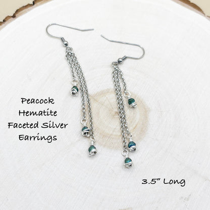 Peacock Hematite Faceted Silver Earrings on a white background with text indicating length.