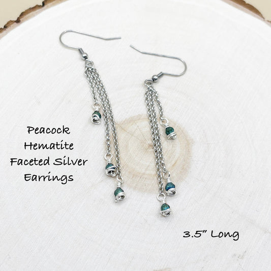 Peacock Hematite Faceted Silver Earrings on a white background with text indicating length.
