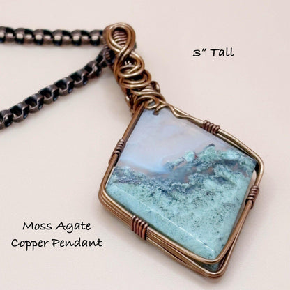 Moss Agate Copper Pendant on a white background