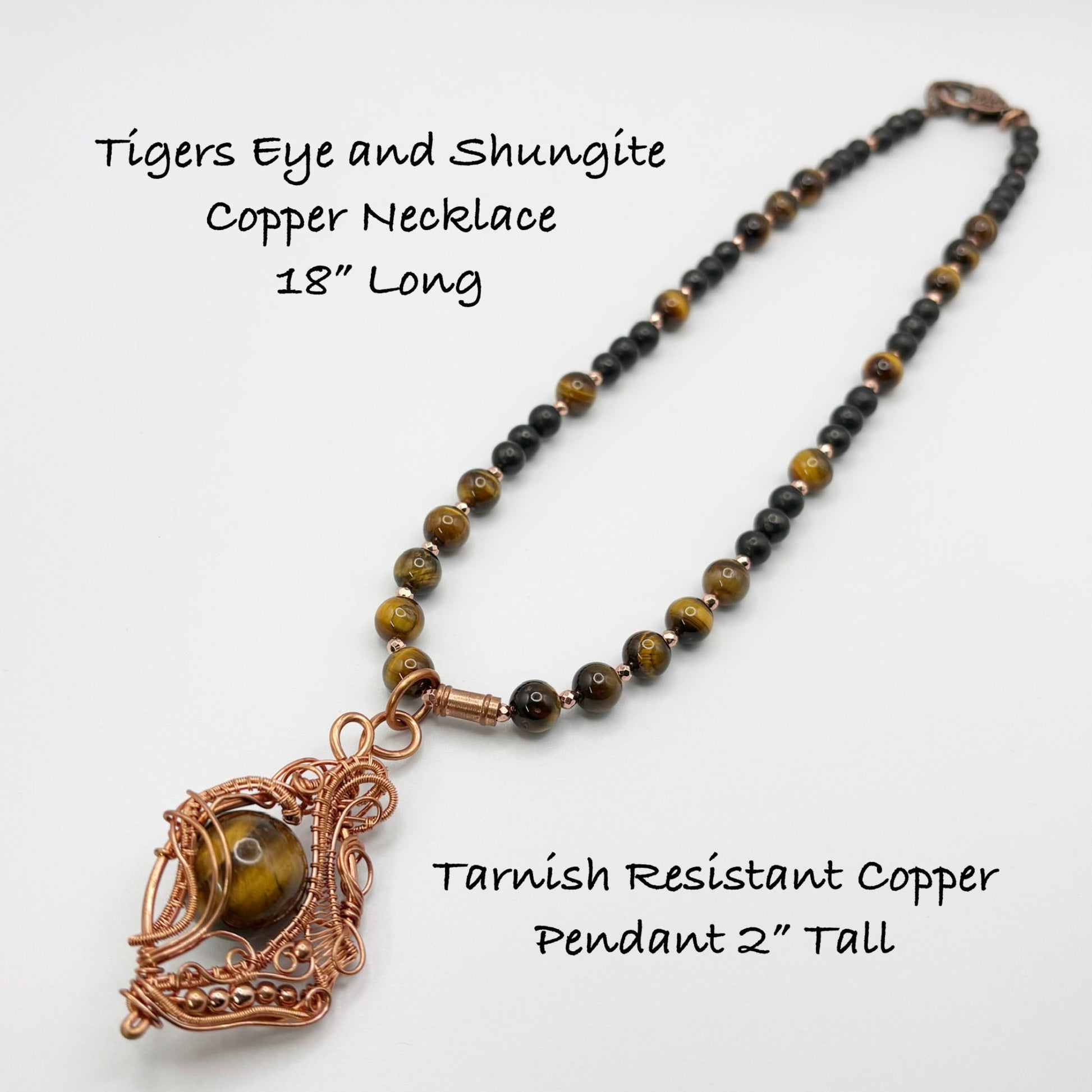 Tigers Eye and Shungite Copper Necklace with Tarnish Resistant Copper Pendant on a white background