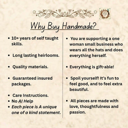 A text-based promotional graphic on a beige parchment-style background titled 'Why Buy Handmade?' with bullet points about self-taught skills, heirlooms, quality materials, insured packages, care instructions, and handmade giftability. A small circular logo appears in the top right corner.
