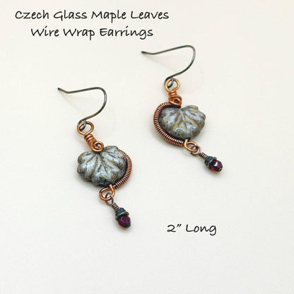 Czech Glass Maple Leaves Wire Wrap Earrings on a white background