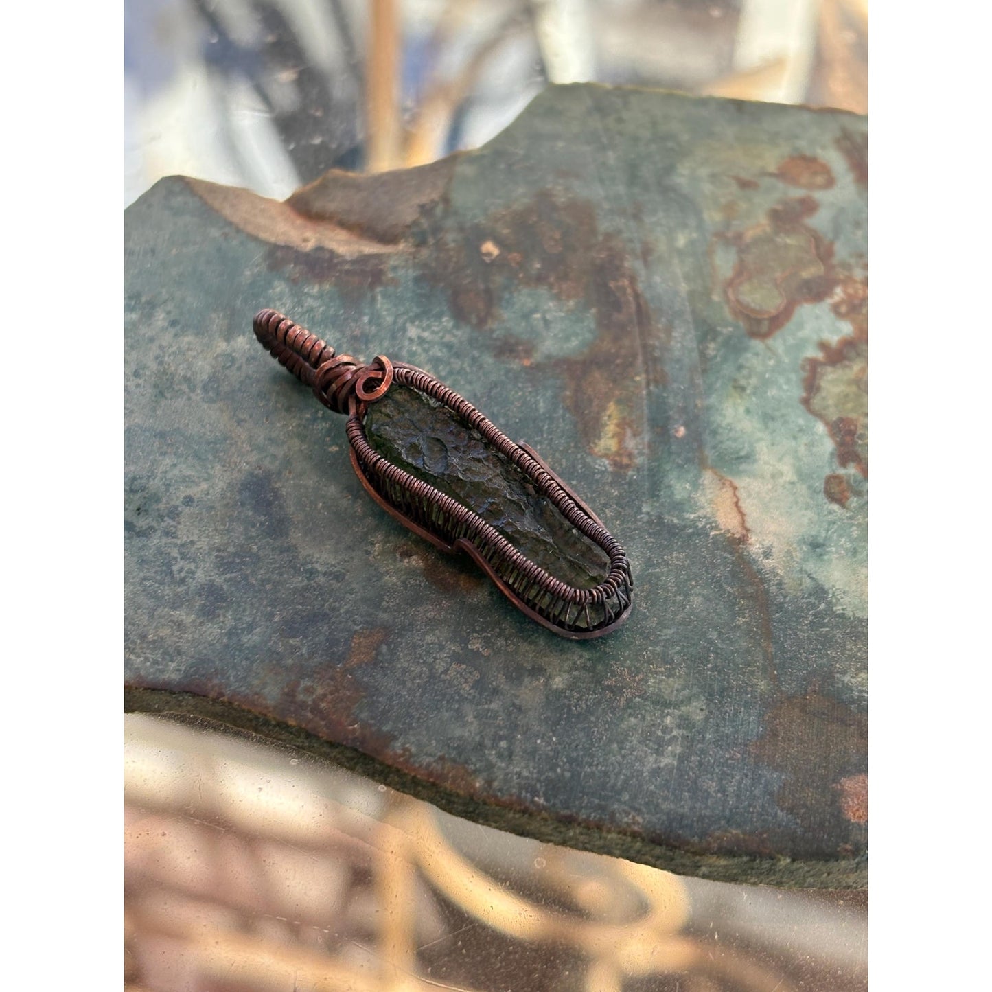 Moldavite Copper Wire Wrap Pendant