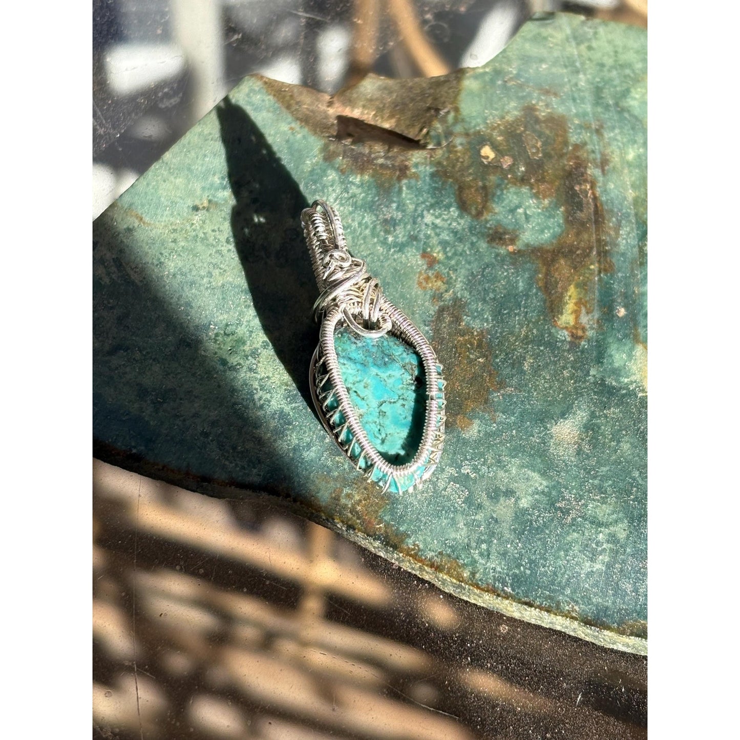 Statement Pendant Sterling Silver Turquoise Wire Wrap