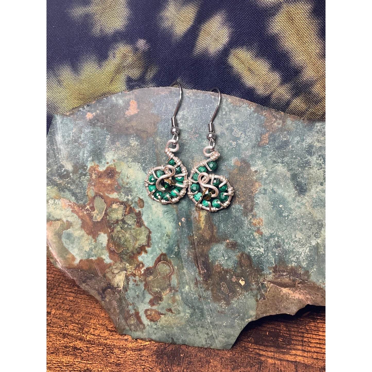 Malachite Swirl Wire Wrap Dangle Earrings