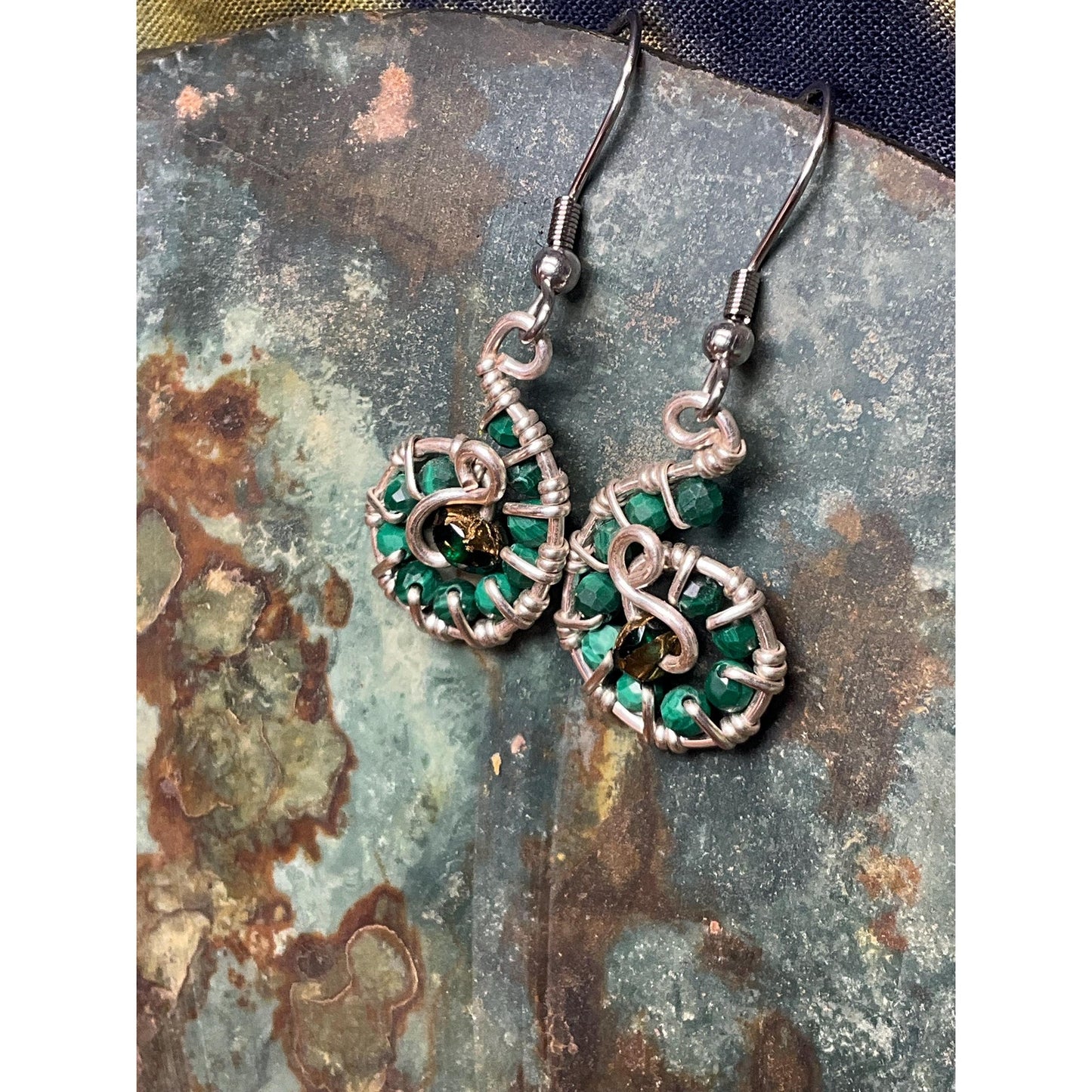 Malachite Swirl Wire Wrap Dangle Earrings