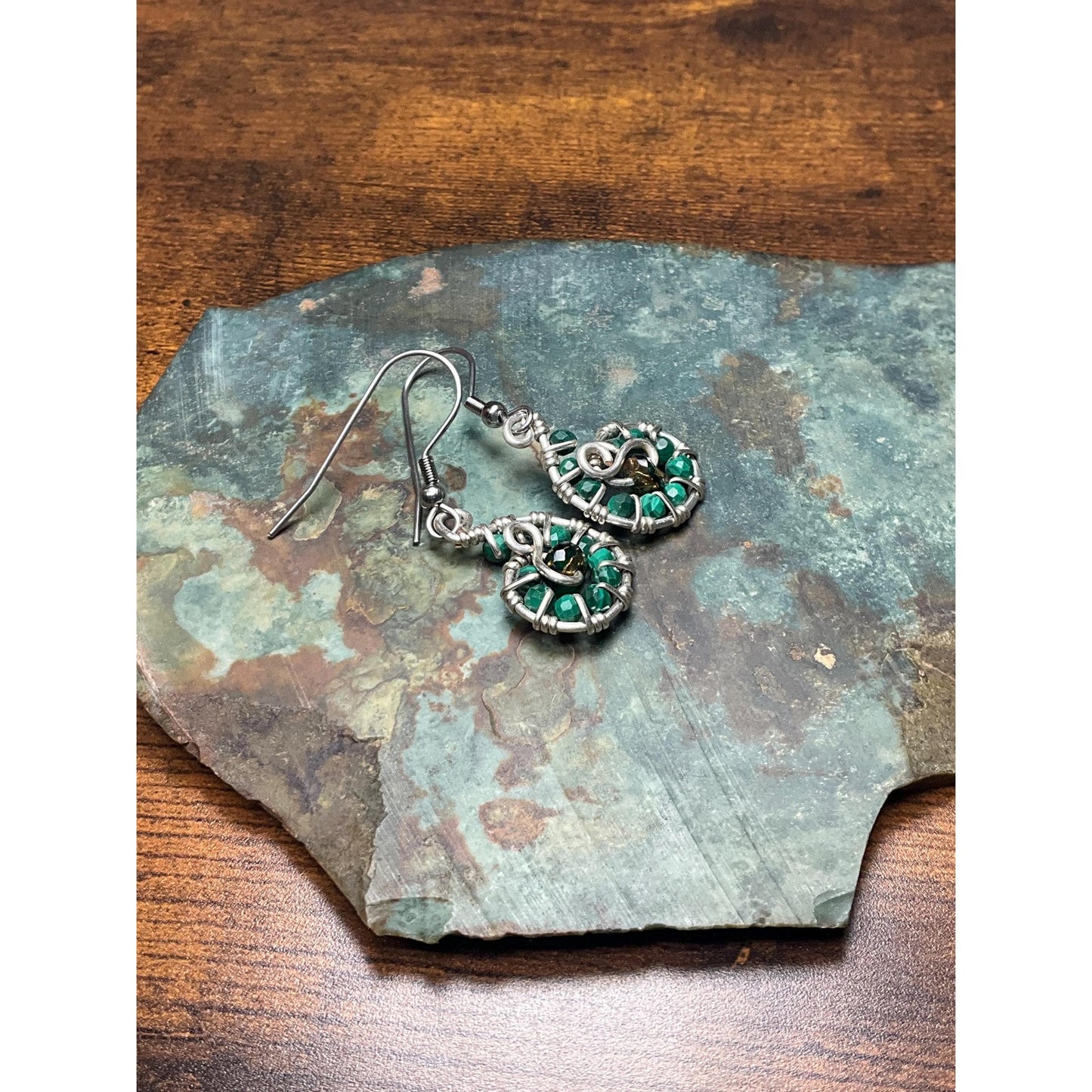 Malachite Swirl Wire Wrap Dangle Earrings