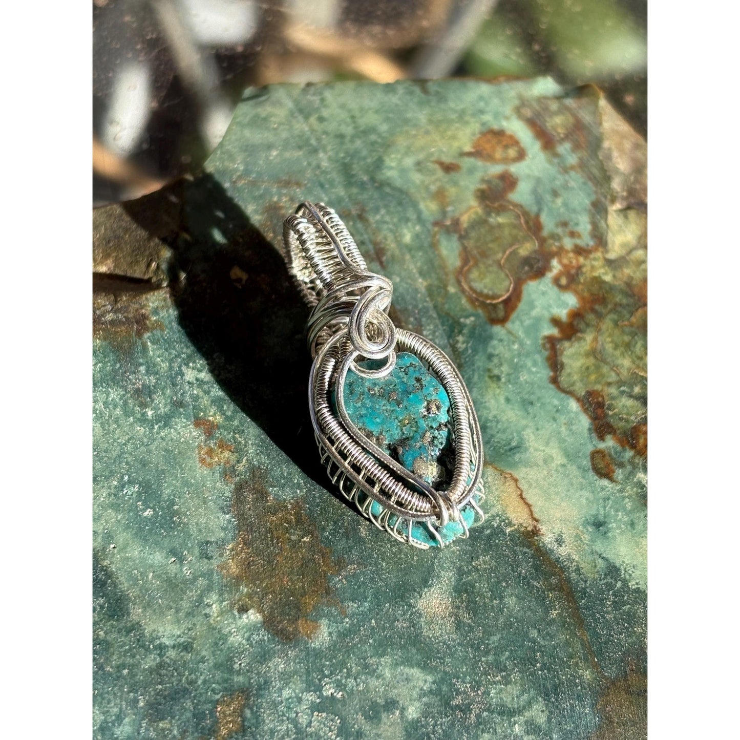 Statement Pendant Sterling Silver Turquoise Wire Wrap