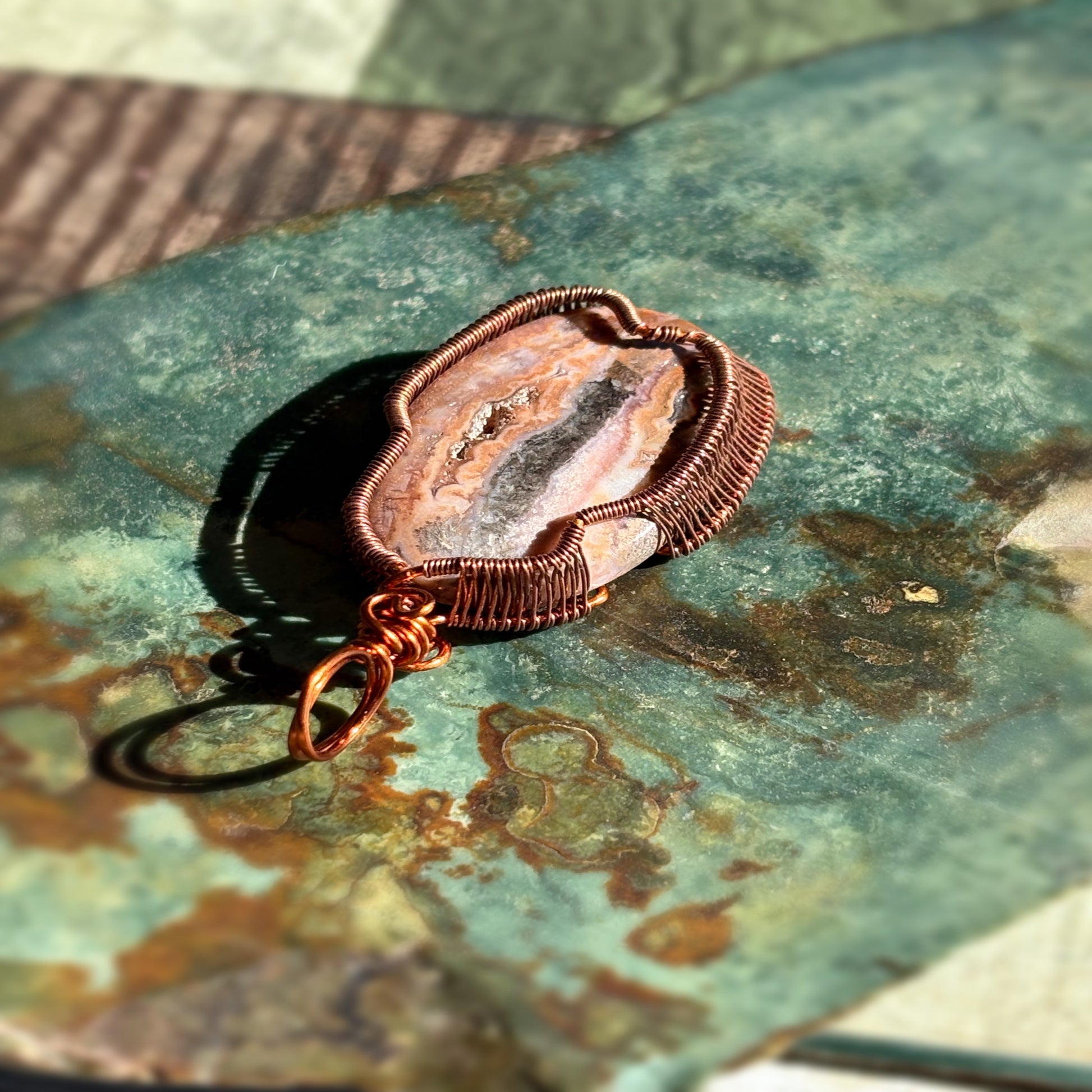 Copper Wire Wrap Mexican Crazy Lace Druzy Agate Pendant