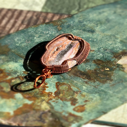 Copper Wire Wrap Mexican Crazy Lace Druzy Agate Pendant