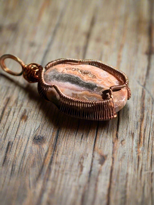 Copper Wire Wrap Mexican Crazy Lace Druzy Agate Pendant