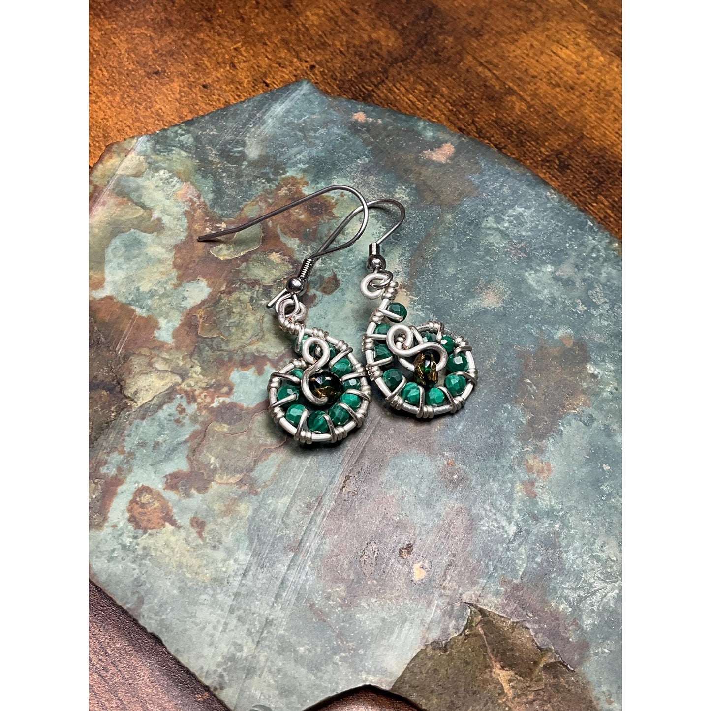 Malachite Swirl Wire Wrap Dangle Earrings