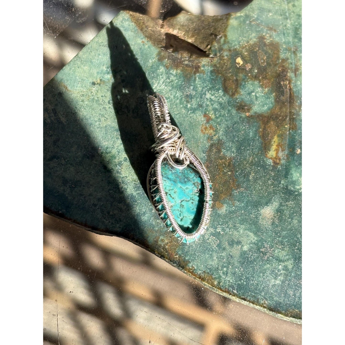 Statement Pendant Sterling Silver Turquoise Wire Wrap