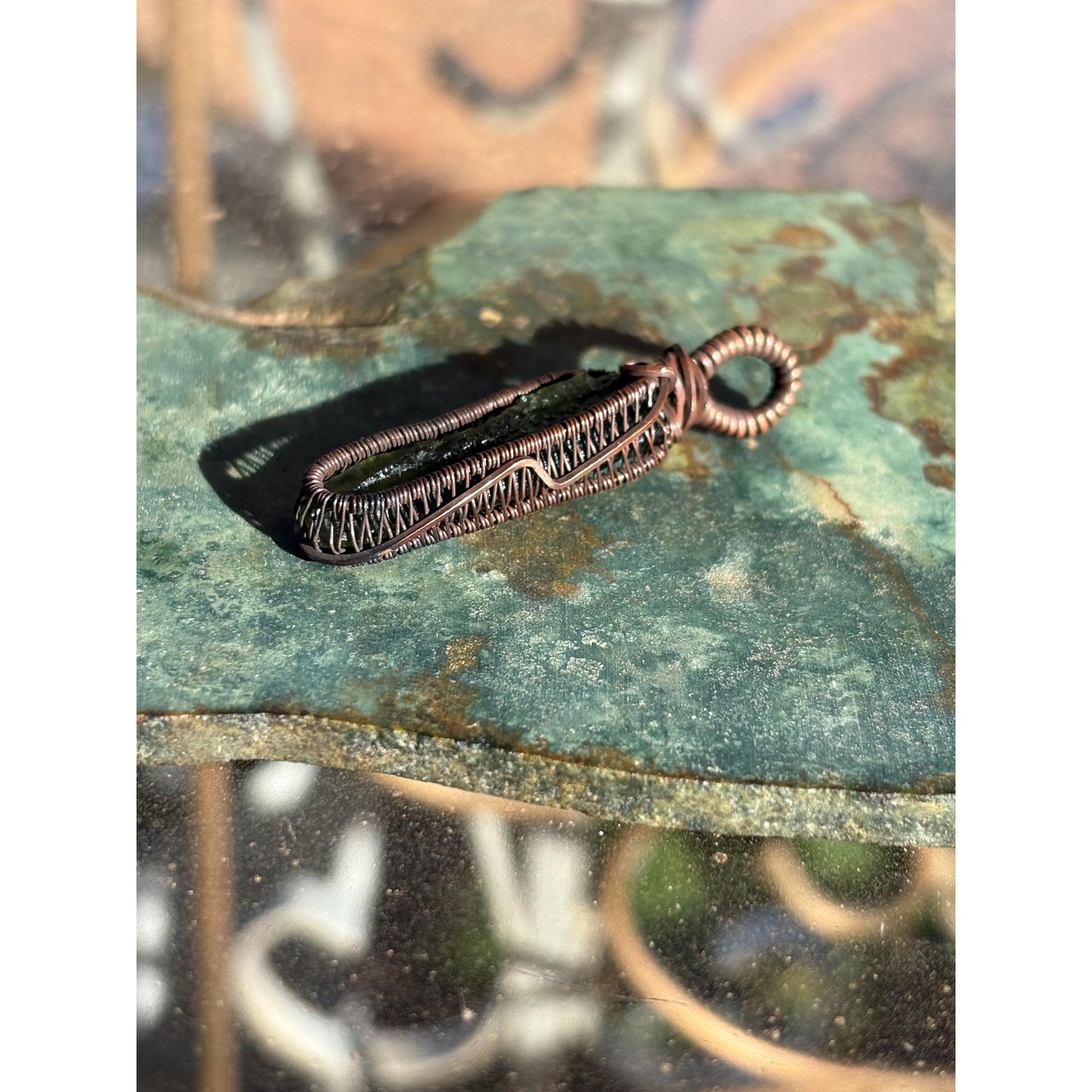 Moldavite Copper Wire Wrap Pendant