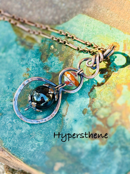 Hammered Wire Wrap Hypersthene Copper Necklace