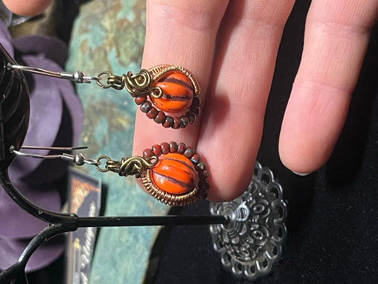 Spooky Season Czech Glass Pumpkin Wire Wrap Earrings