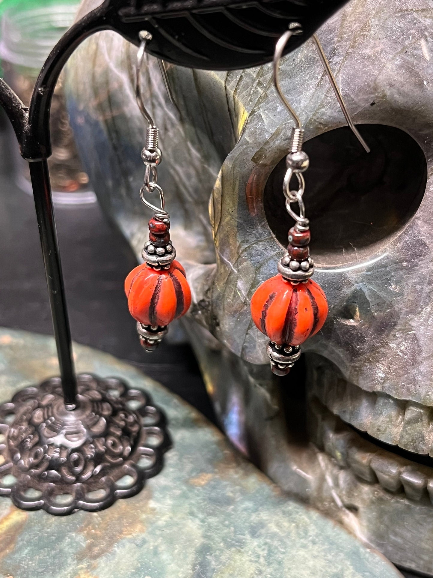 Czech Glass Pumpkin Dangle Earrings