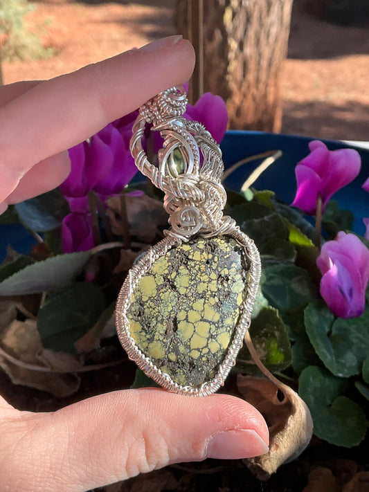 Peacock Turquoise, Sterling Silver Wire Wrap Pendant