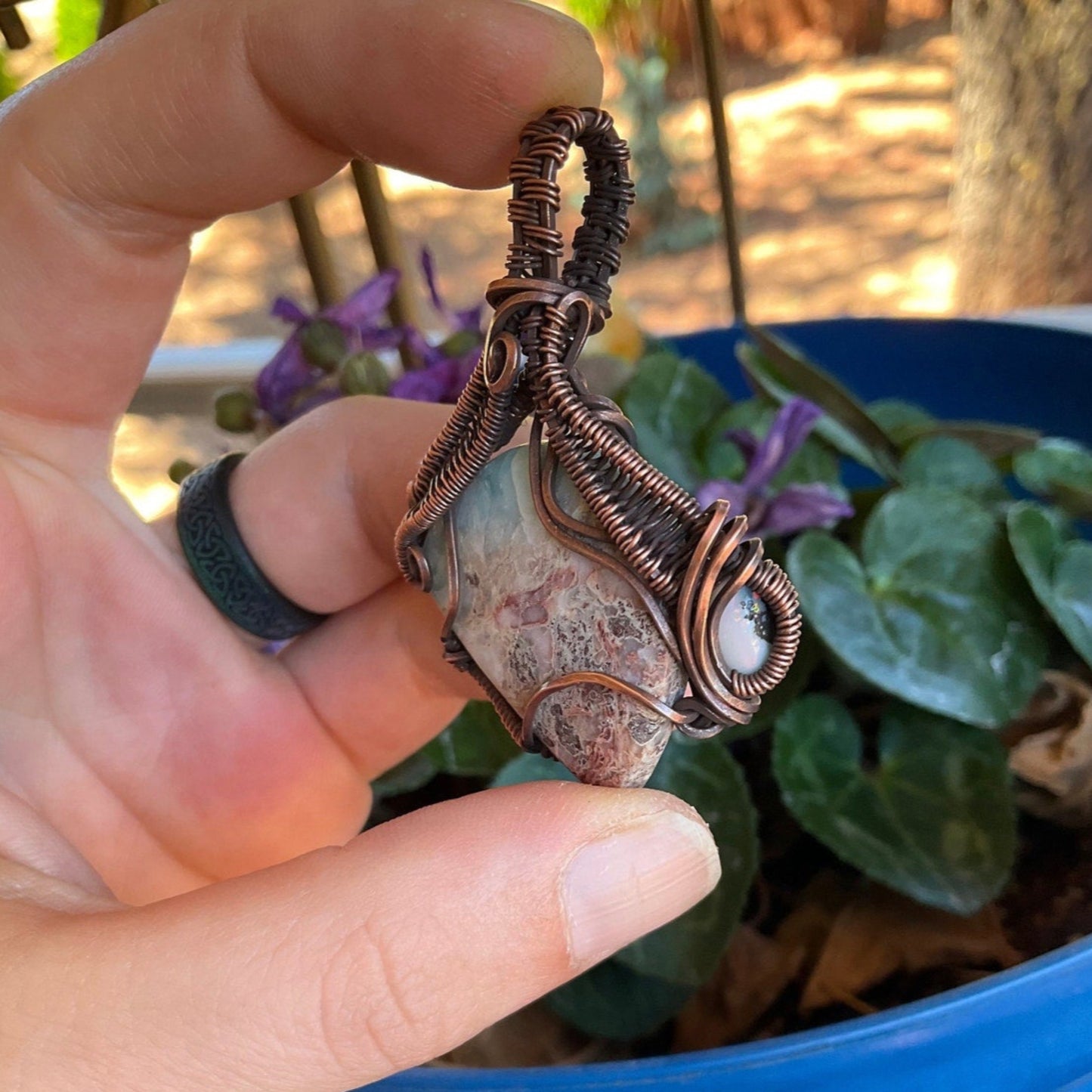 Intricate Wire Wrap Larimar and Australian Opal
