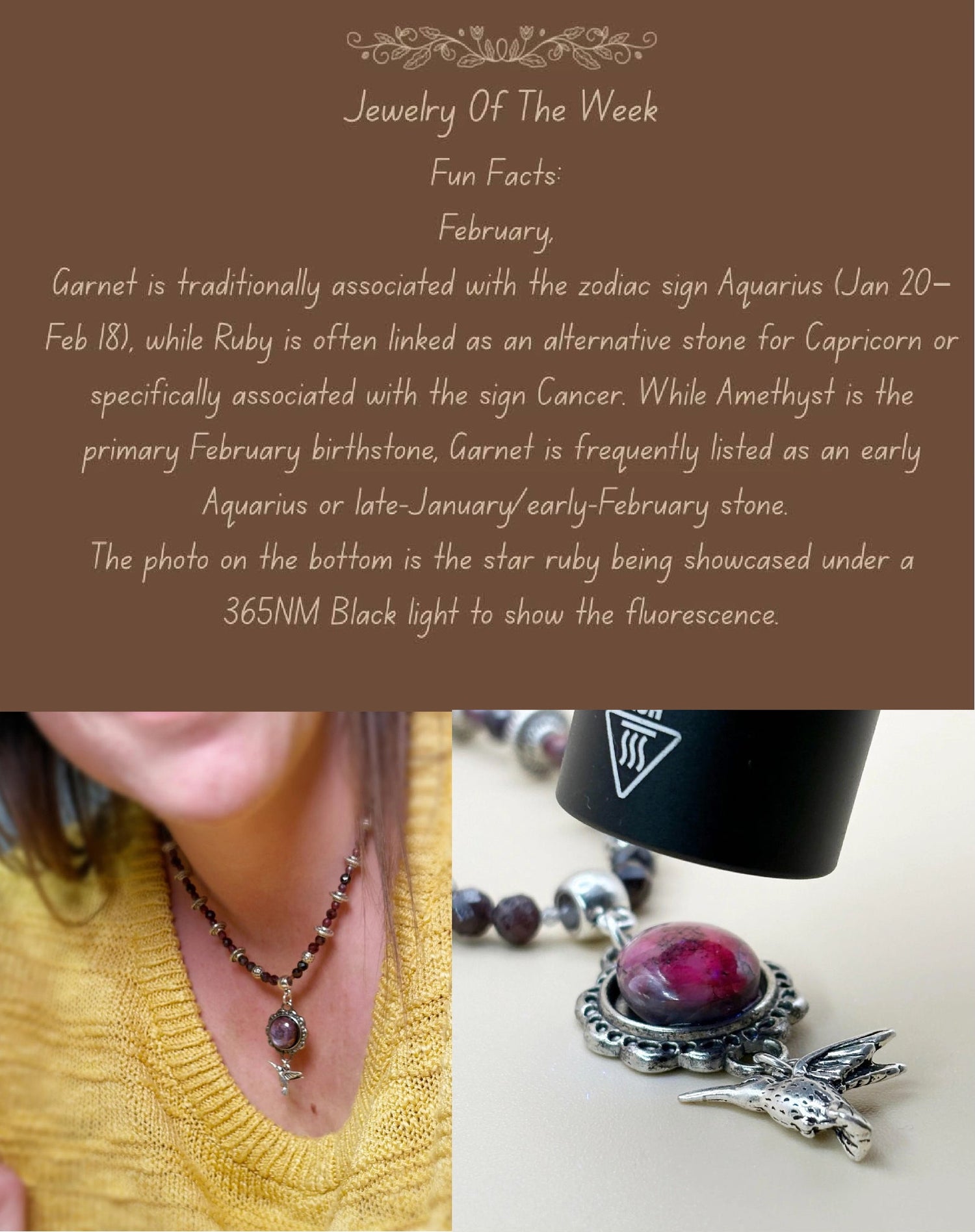 Jewelry of the Week with garnet necklace and pendant on a brown background