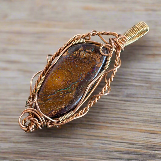 Wire Wrap Pendant Boulder Opal In Jewelers Bronze